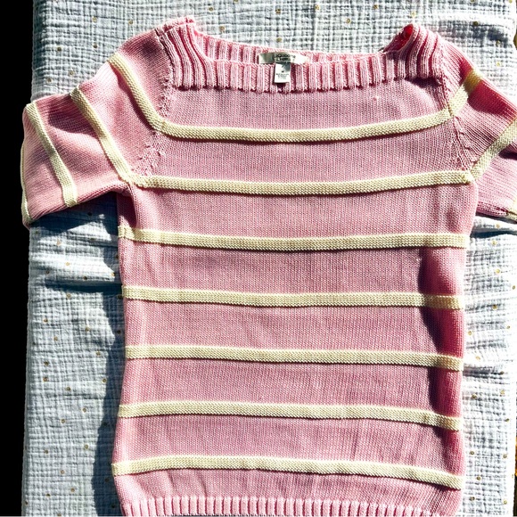 SPRING SALE! Liz Claiborne pink and cream color striped cotton crew sweater - Picture 2 of 6